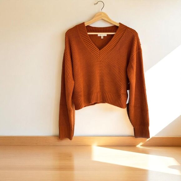 Rust Brown Ribbed V-Neck Knit Sweater Long Sleeve Pullover Size XS, S, M, XL - Picture 2 of 3